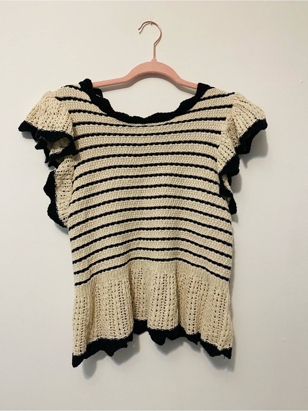 Striped Crochet Flutter-Sleeve Top in Cream and Black